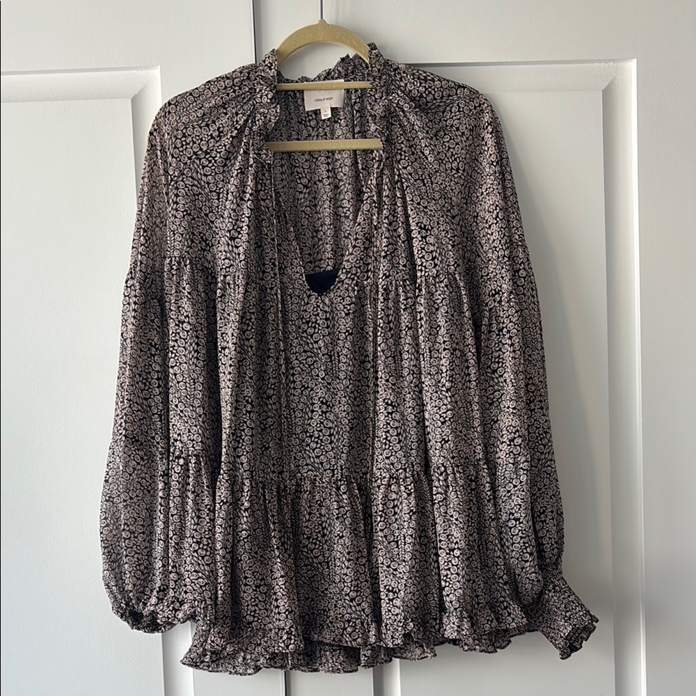 Cinq a Sept Navy and Cream Ruffled Blouse with Bib Collar